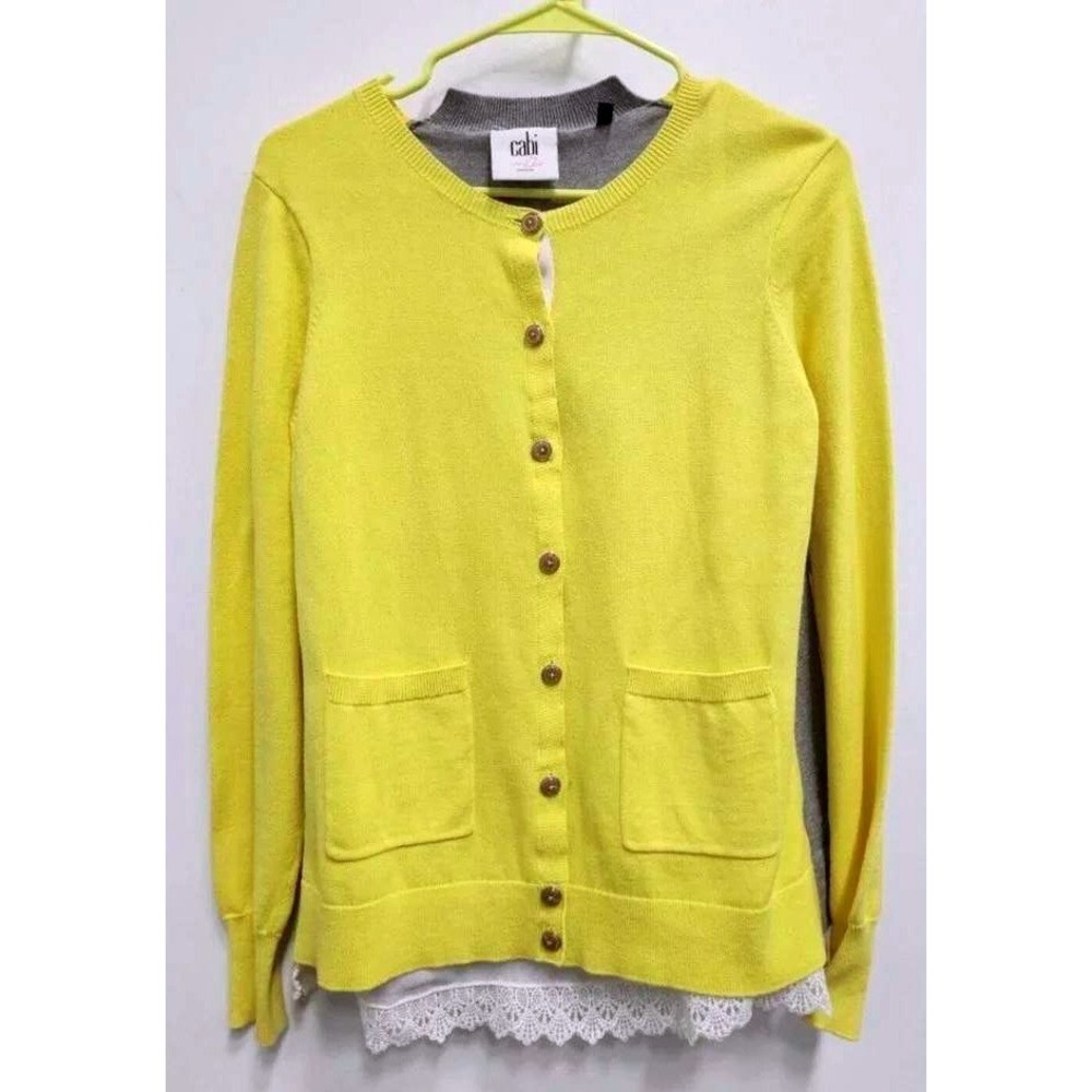 Cabi Belle Cardigan Sweater Womens Medium Yellow Gray Lace Cami #3010